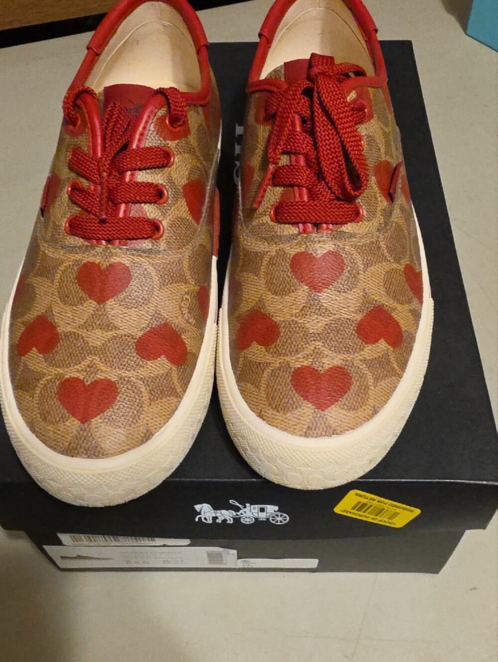 Coach Brown Signature Canvas Sneakers with Red Heart Print - Picture 3 of 8